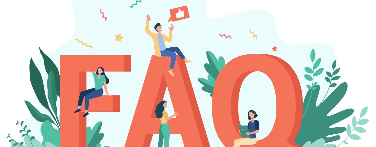 Giant FAQ and tiny people flat vector illustration. Cartoon users asking questions and getting help in problem. Useful instructions and information concept